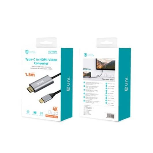 Adaptador USB-C para HDMI Uni AD1990 4K 1,8M Alumínio ABS Macho Cinzento