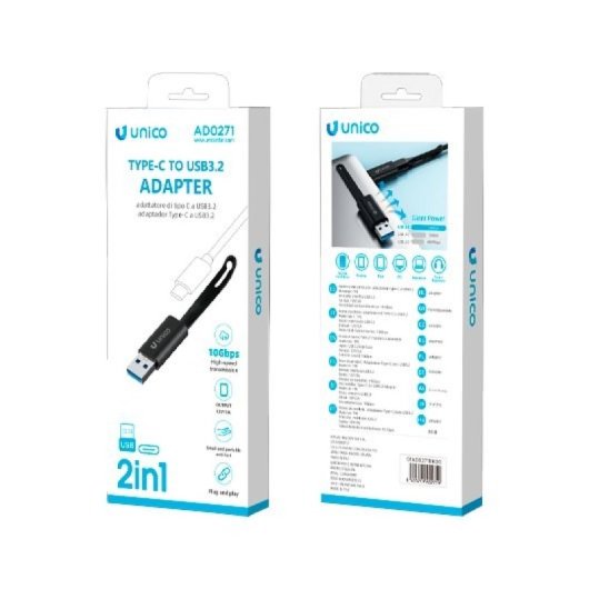Adaptador USB-C a USB-A UNICO AD0271 compacto ABS negro 12V 12 meses garantía