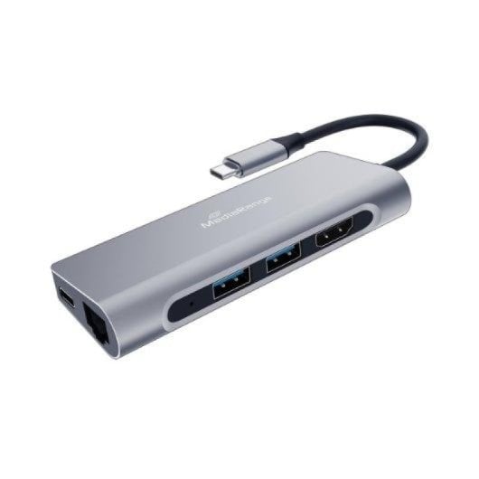 Hub MediaRange USB-C 7en1 Plata 2xUSB 3.2 HDMI RJ45 SD USB-C 60W Power Delivery