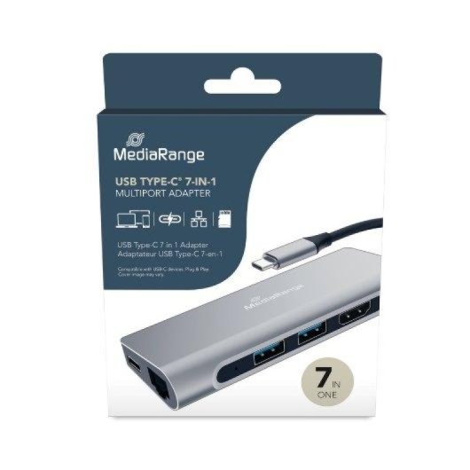 Hub MediaRange USB-C 7en1 Plata 2xUSB 3.2 HDMI RJ45 SD USB-C 60W Power Delivery