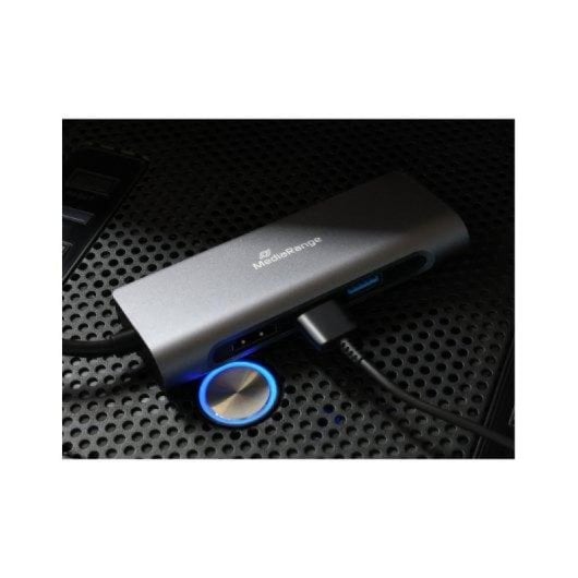 Hub MediaRange USB-C 7en1 Plata 2xUSB 3.2 HDMI RJ45 SD USB-C 60W Power Delivery
