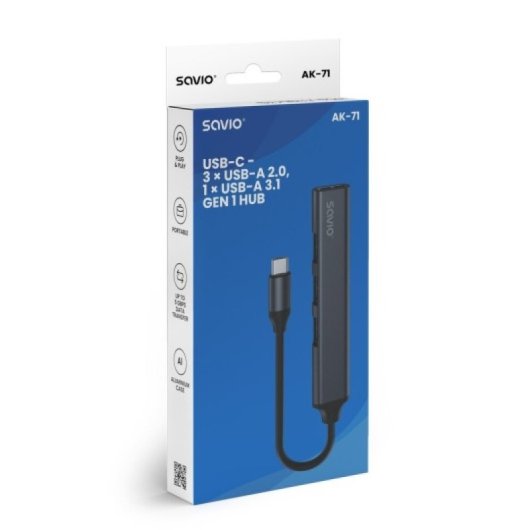 Hub USB Savio USB-C Aluminio 3xUSB 2.0 1xUSB 3.1 Gen1 5Gbps Plug & Play