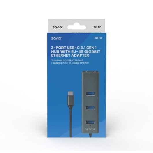 Hub USB-C Savio SAVAK-57 Aluminio 3x USB 3.1 1x RJ45 5Gbps Negro/Gris