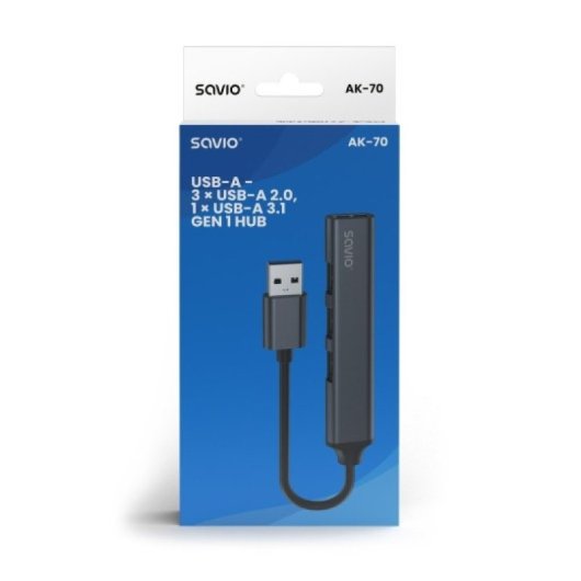 Hub USB Savio AK-70 3 puertos USB 2.0, 1 puerto USB 3.1 Gen 1, aluminio, 18cm