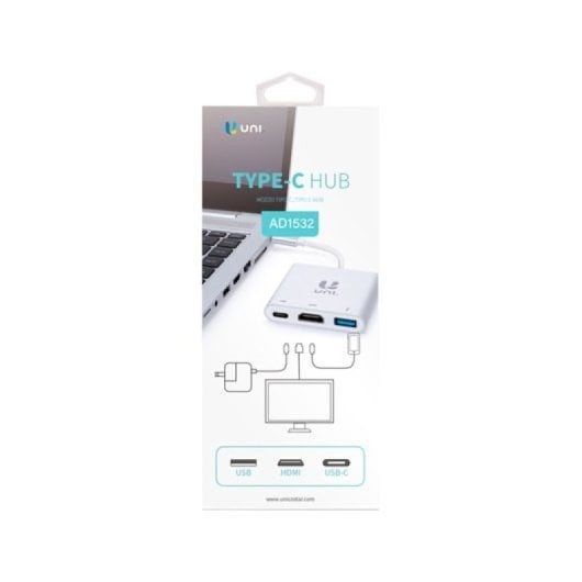 Adaptador UNI AD1532 USB-C para USB-A HDMI USB-C 87 W Carregamento rápido Alumínio Prateado