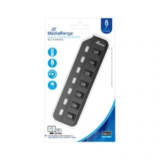 Hub Mediarange MRCS504 7 Puertos USB 2.0 Plug and Play Negro Compacto