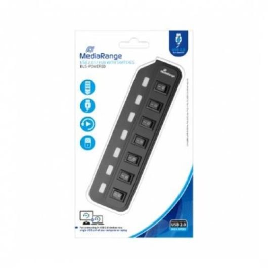 Hub Mediarange MRCS504 7 Puertos USB 2.0 Plug and Play Negro Compacto