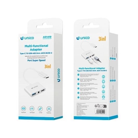 Adaptador USB C para conector de 3,5 mm UNICO AD1419 USB Tipo C e USB A Branco