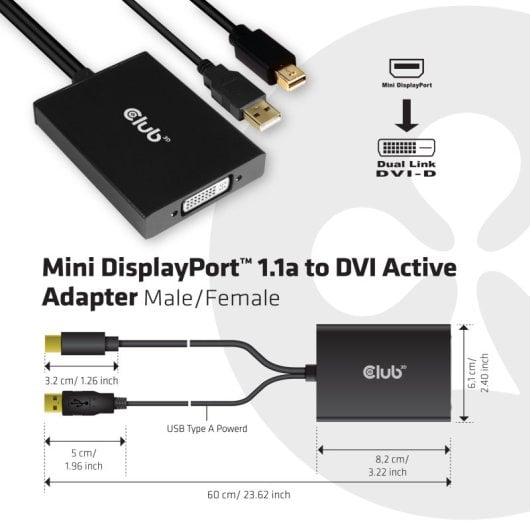 Convertidor Club 3D CAC-1130 Mini DisplayPort + USB-A a DVI Dual Link 0,6m Negro