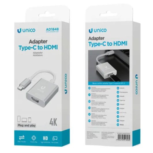 USB-C auf HDMI Adapter UNICO AD1848 Aluminium 4K 30Hz 17,5cm silber