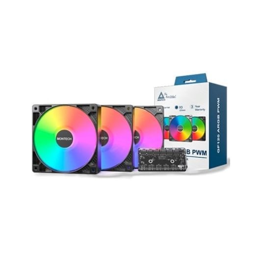 Montech GF120 Pack 3x Ventoinhas 120mm PWM ARGB 1600RPM Pretas com Hub Controlador