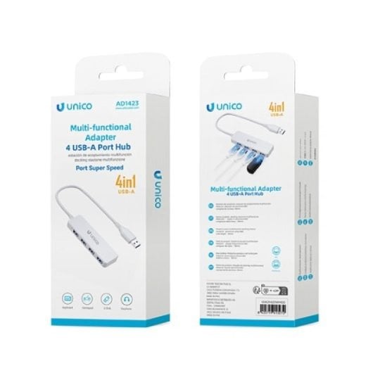 Adaptador UNICO AD1423W USB-A a 4 USB-A Blanco 90mm Aleación de Aluminio