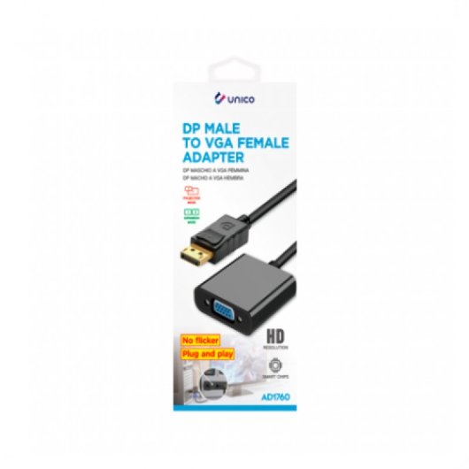 Adaptador DisplayPort a VGA Unico Plus 17cm Smart Chips ABS PVC Negro