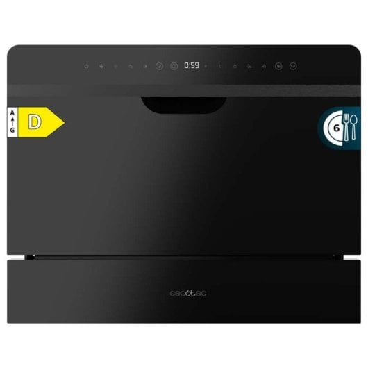 Lave-vaisselle Cecotec 6 services, classe D, verre noir, Touch Control, départ différé, sécurité enfant