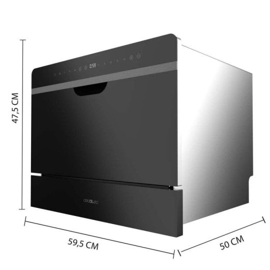 Lave-vaisselle Cecotec 6 services, classe D, verre noir, Touch Control, départ différé, sécurité enfant