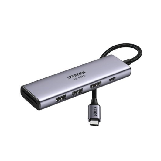 Hub Ugreen 6en1 USB-C Gris Plata HDMI 4K60Hz 2xUSB-A SD TF PD 100W Compacto
