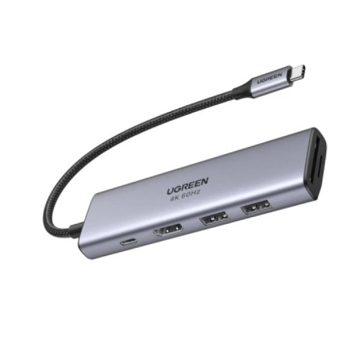 Hub Ugreen 6en1 USB-C Gris Plata HDMI 4K60Hz 2xUSB-A SD TF PD 100W Compacto