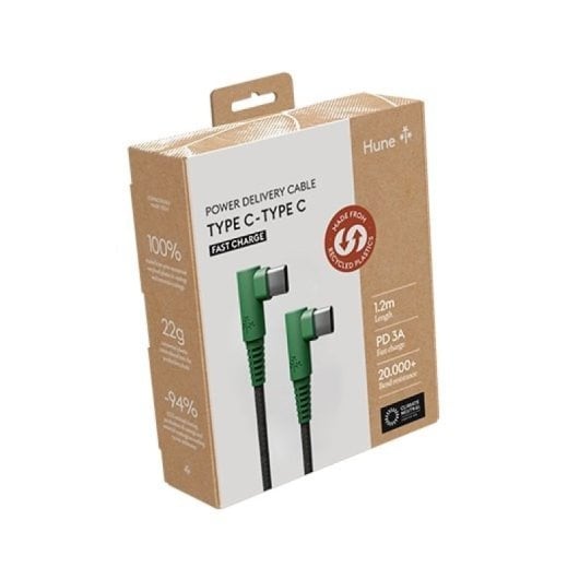 Cable USB-C Hune Hiedra-CC 1.2m Carga Rápida 3A Eco Verde Conectores 90º