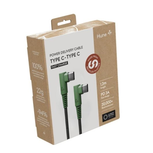 Cabo USB-C Hune Hiedra-CC 1.2m Carga Rápida 3A Verde Conectores 90º