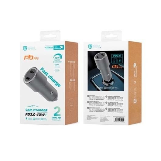 UNICO CC1496 Caricabatterie da auto a ricarica rapida 40W con 2 porte USB-C, nero, protezione PD3.0