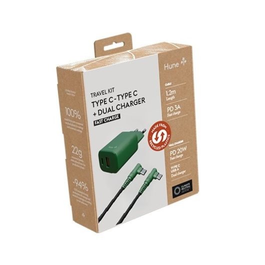 Hune Eco Cargador Dual 20 W + Cable USB-C a USB-C 1.2 m 3 A Carga Rápida Verde Bosque