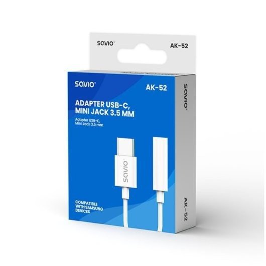 Adaptador SAVIO AK-52 USB-C a Mini Jack 3.5 mm DAC Blanco Macho-Hembra