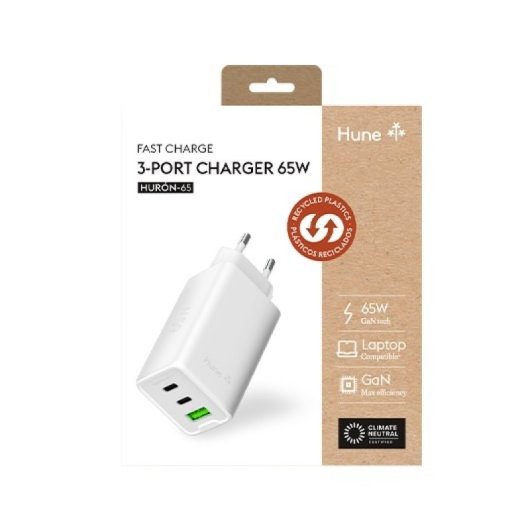 Hune Huron Cargador 65 W Triple Puerto USB-C+USB-C+USB-A Carga Rápida Blanco Nieve