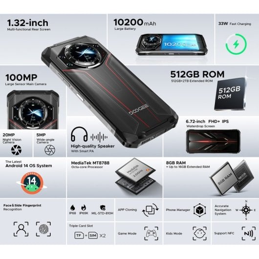 DOOGEE S119 8GB 512GB 4G 10200mAh Triple Cámara 100MP NFC Dual SIM Android 14 Negro/Plata