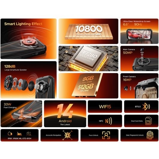 DOOGEE S Punk Pro 8 Go 512 Go 10 800 mAh Double SIM 4G Android 14 NFC Empreinte digitale Argent