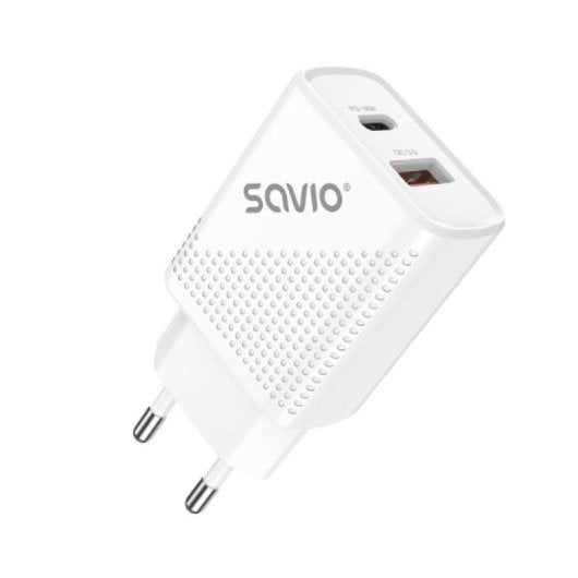 Chargeur Savio LA-05 18 W double USB 3.0 + PD avec câble de 1 m, protection universelle blanche