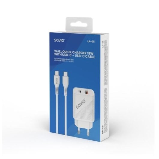 Chargeur Savio LA-05 18 W double USB 3.0 + PD avec câble de 1 m, protection universelle blanche