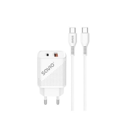 Chargeur Savio LA-05 18 W double USB 3.0 + PD avec câble de 1 m, protection universelle blanche