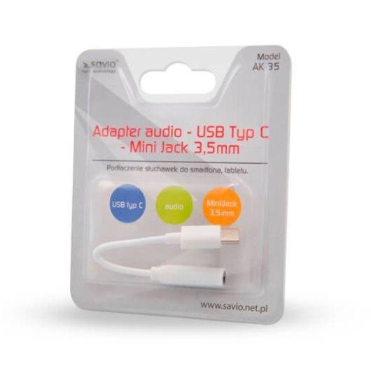 Adaptador USB-C Savio AK-35 White 12cm Audio Macho a Hembra Jack 3.5mm