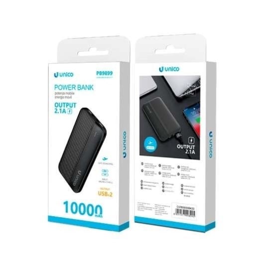 Power Bank Unico Plus 10000mAh 2.1A Nero ABS 2×USB-A Micro USB Tipo C