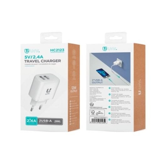 UNI HC2123 Caricabatterie doppio USB-A 2,4 A 2 porte Protezione universale Bianco