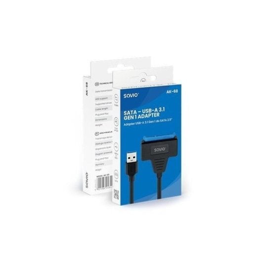 Adaptador USB-A 3.1 Savio K-68 a SATA 2.5” 5Gbps Plug & Play 25cm Negro