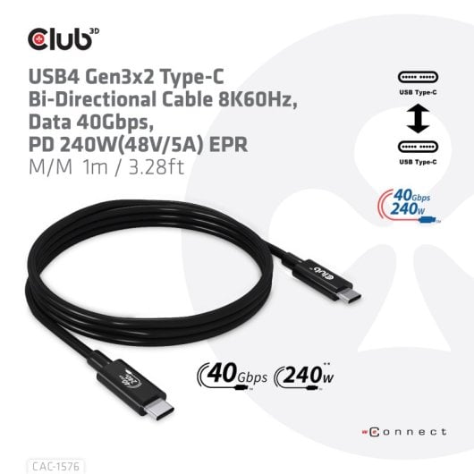 Cable Club 3D CAC-1576 USB4 1m 40Gbps Power Delivery 240W Negro