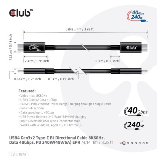 Cable Club 3D CAC-1576 USB4 1m 40Gbps Power Delivery 240W Negro
