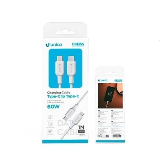 Cable UNICO CB1355 USB-C a USB-C 60W 1m PVC Blanco carga rápida
