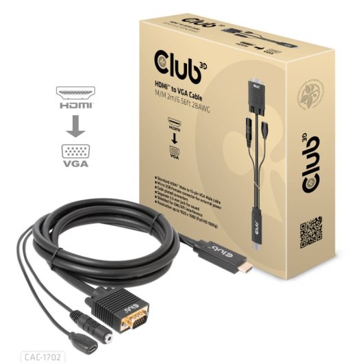 Adaptador Club 3D CAC-1712 HDMI a VGA con audio 2m 1080p chapado oro negro