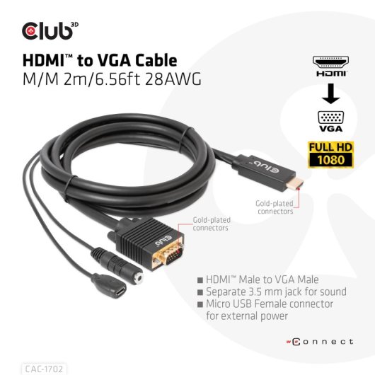 Adaptador Club 3D CAC-1712 HDMI a VGA con audio 2m 1080p chapado oro negro