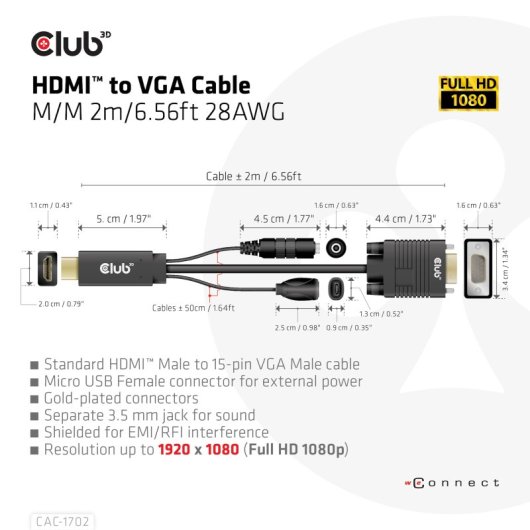 Adaptador Club 3D CAC-1712 HDMI a VGA con audio 2m 1080p chapado oro negro