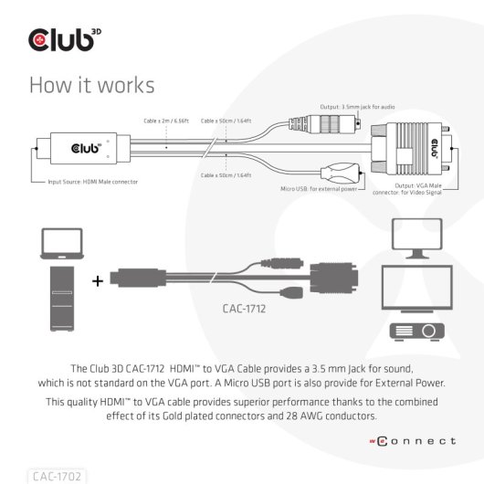 Adaptador Club 3D CAC-1712 HDMI a VGA con audio 2m 1080p chapado oro negro