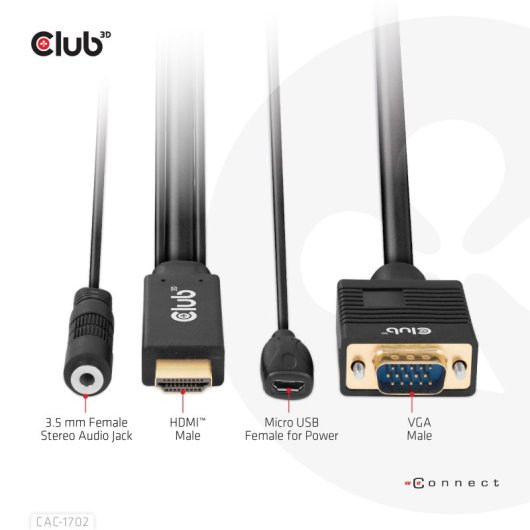 Adaptador Club 3D CAC-1712 HDMI a VGA con audio 2m 1080p chapado oro negro