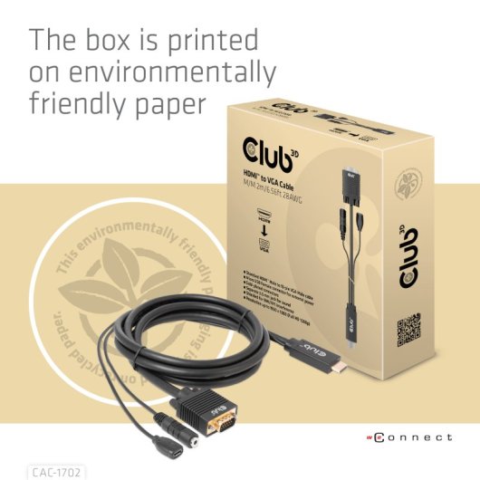 Adaptador Club 3D CAC-1712 HDMI a VGA con audio 2m 1080p chapado oro negro