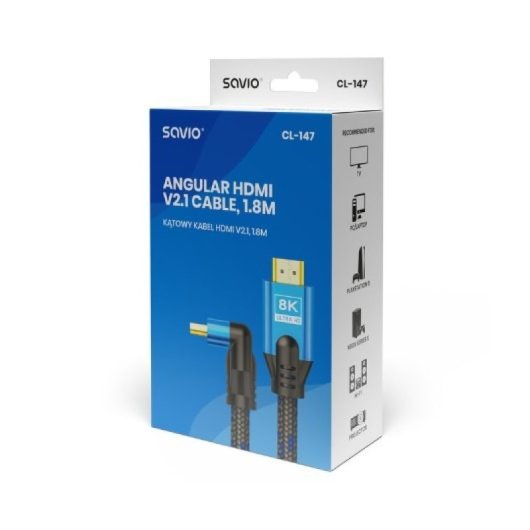 Cable HDMI Savio CL-147 2.1 8K HDR 1.8M Angular Trenzado Azul Negro Oro