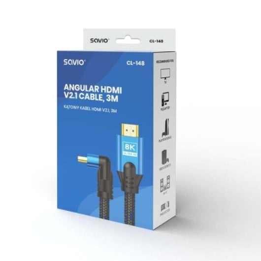 Savio CL-148 2.1 8K 3M abgewinkeltes HDMI-Kabel (Stecker auf Stecker, geflochten, blau-schwarz)