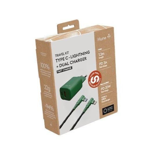 Hune Eco Cargador Dual 20 W + Cable USB-C a Lightning 1.2 m Carga Rápida Verde Bosque