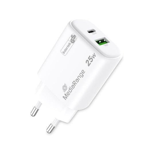 Chargeur rapide Mediarange double USB-A USB-C 25 W, protection universelle, blanc