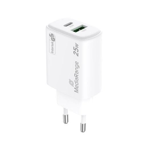 Chargeur rapide Mediarange double USB-A USB-C 25 W, protection universelle, blanc